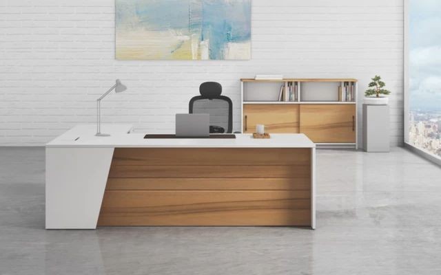 نموذج مكتب تنفيذي أبيض مع خشب فاخر | تصميم عصري راقٍ للمكاتب الراقية