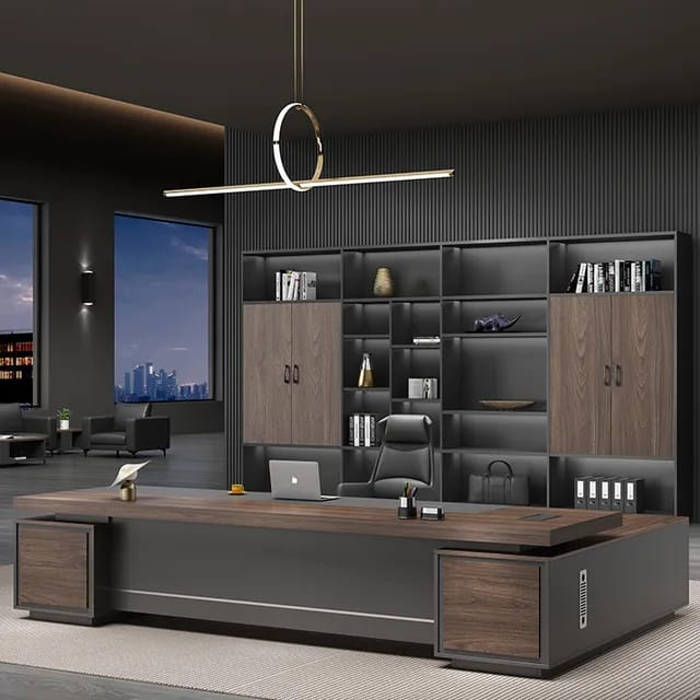 موديل مكتب مدير فاخر بتصميم أسود وخشبي مع وحدة تخزين خلفية — من Office Art